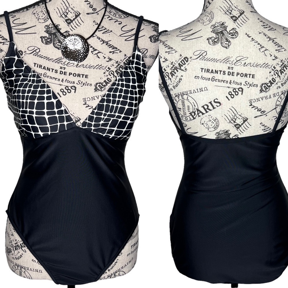 VTG 90 Oscar De La Renta Swim Suit 10 12 Black White Geometric V Neck V Neck